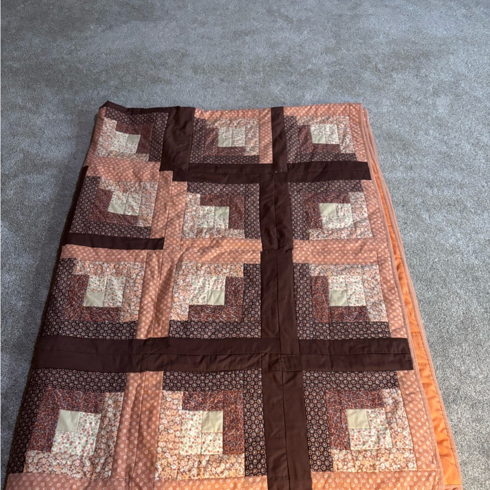 Large Log Cabin Handmade Patchwork Quilt in Brown and Orange 80”x104” - Picture 2 of 8
